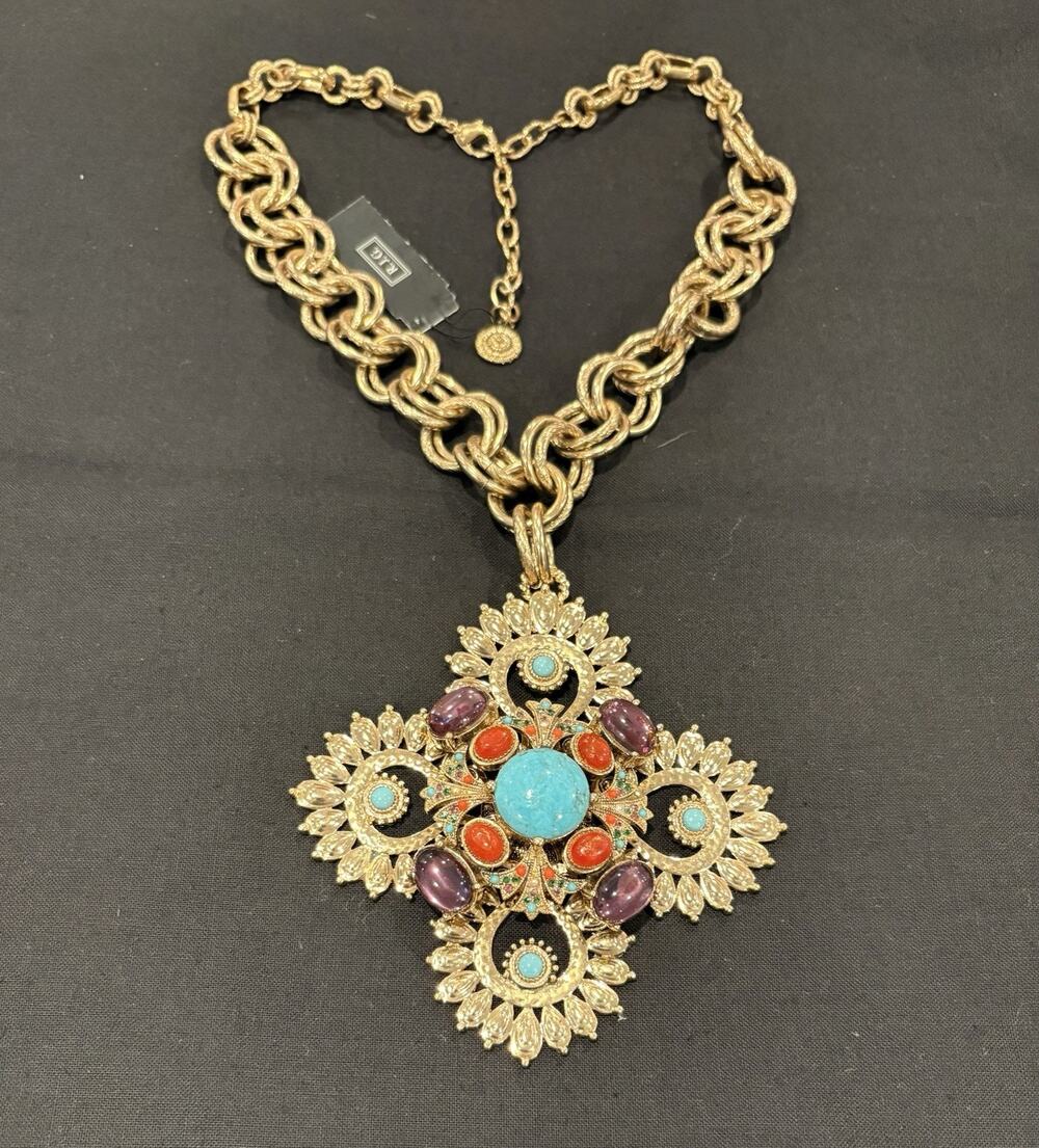 R. J .Graziano Cross Necklace Colored Stones Gold-tone Crystals Beaded boho